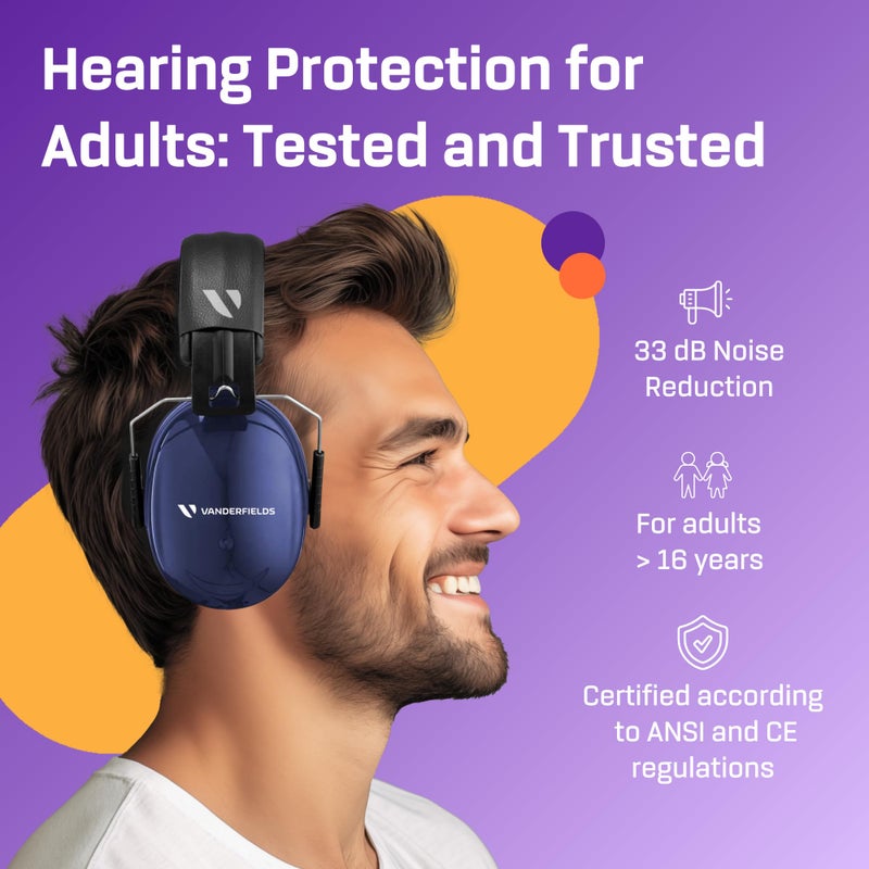 Vanderfields Premium Hearing Protection Ear Muffs - Broad Spectrum Sound Reduction 36.1dB at 2K Hz Noise Cancelling - Headset Safety Noise Cancellation - Headphones Adults and Teens - Marine Blue - Image 2